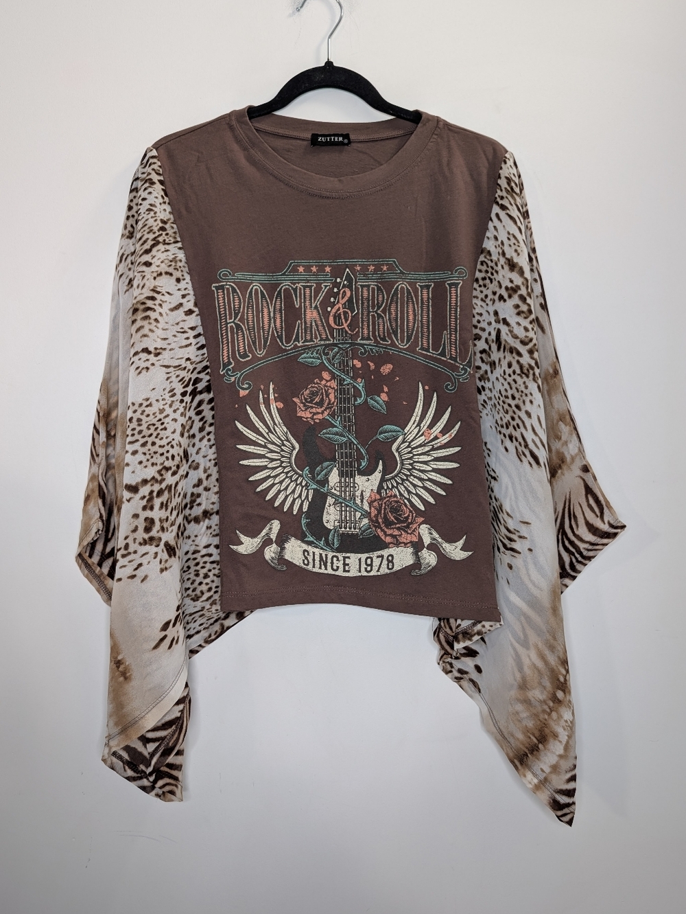 Rock & Roll Graphic Tee w/ Animal Print Kimono Sleeves Boho Western Top NWT - Picture 2 of 4